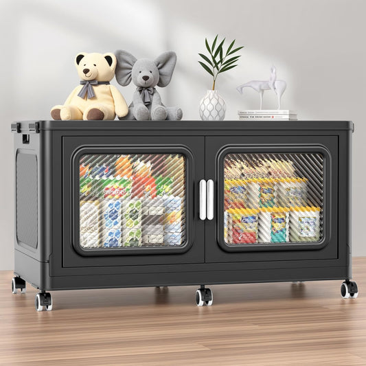 220 Qt Stackable Storage Bin with Lids, 55Gal Extra Large Collapsible Storage Boxes, Folding Plastic Drawer, Heavy-Duty Store Cabinet, Closet Organizer for Home Kitchen, 1 Pack Black