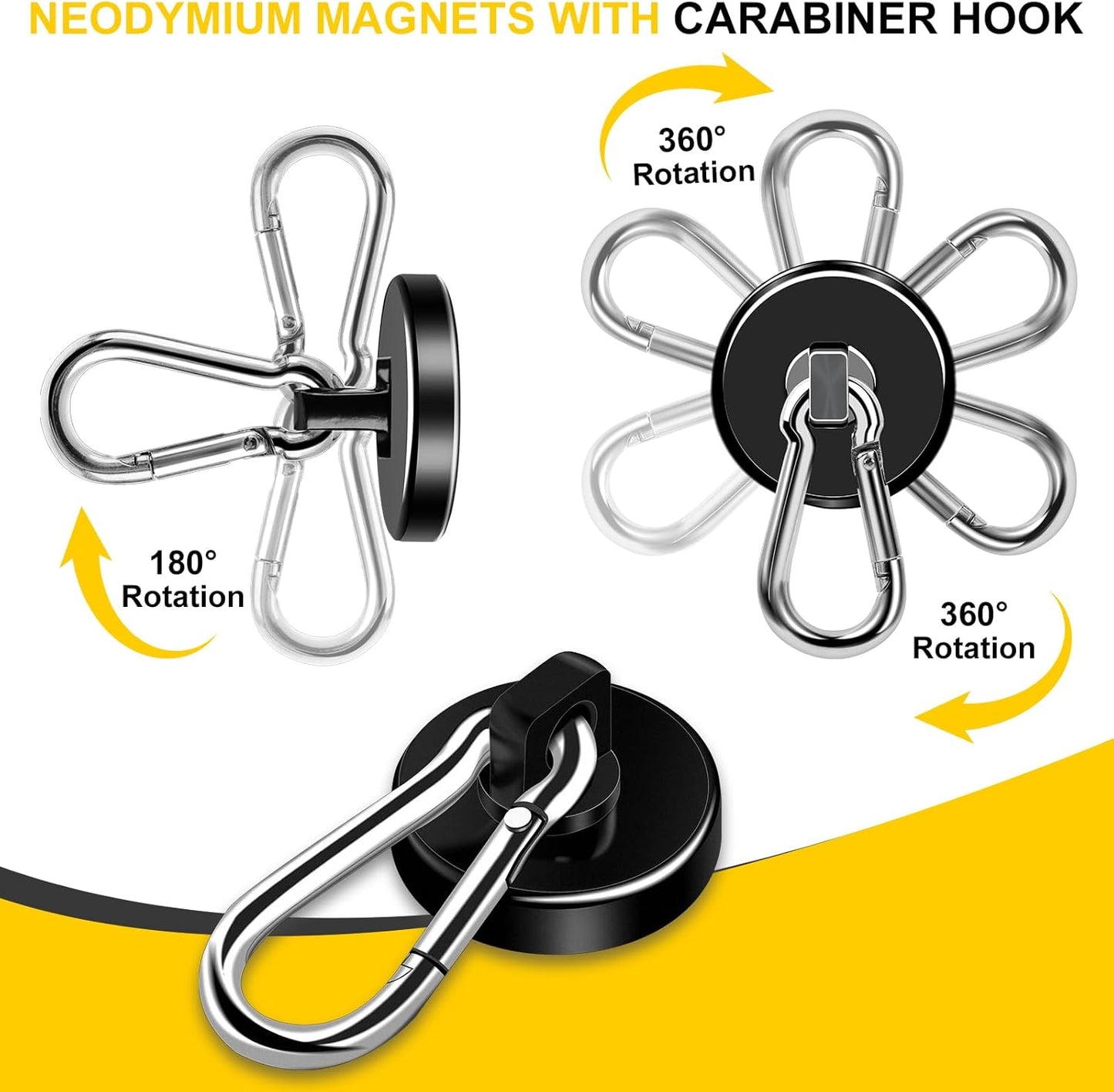 DIYMAG Black Magnetic Hooks, 110LBS Strong Heavy Duty Neodymium Magnet Hooks with Swivel Carabiner Hook, Great for Your Refrigerator and Other Magnetic Surfaces, Pack of 7