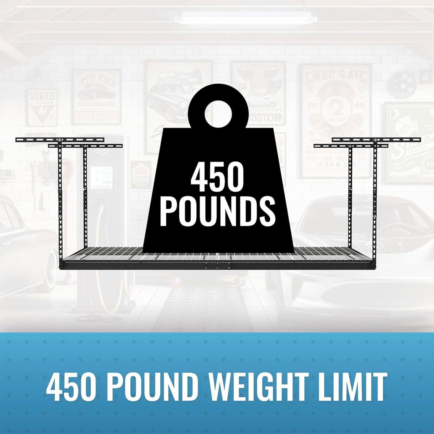 MonsterRax Overhead Garage Storage Racks 3x8’ Ceiling Mounted Shelving, Adjustable Hanging Organizer, Heavy Duty Steel, Holds 500 Pounds, Color: White, Adjustable from 24"-45" off the Ceiling