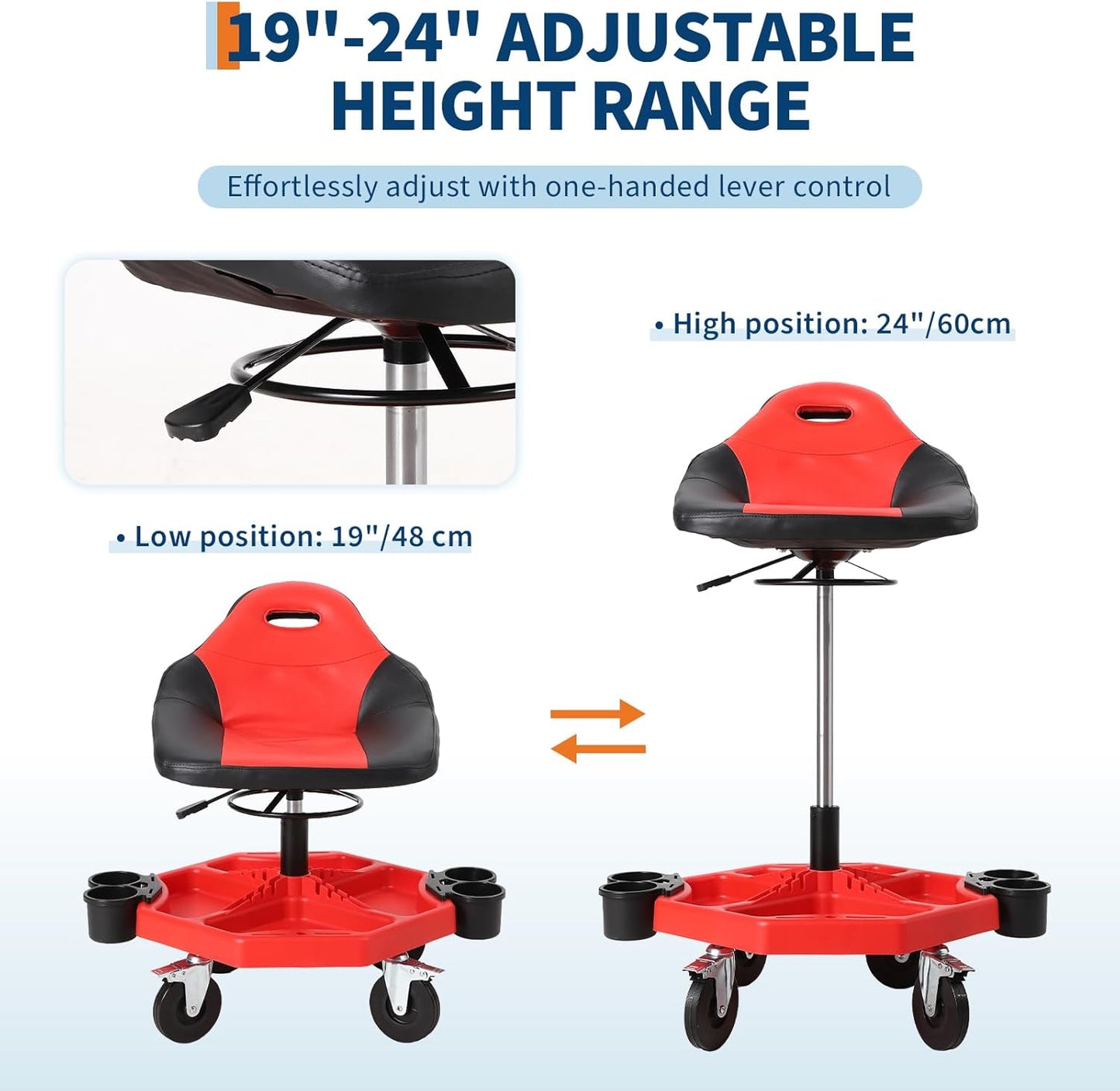 Garage Stool, 19”-24” Adjustable Rolling Mechanic Stool with Universal Wheels, Removable Magnetic Tool Tray, 300LBS Capacity, Roller Creeper Seat, Shop Chair