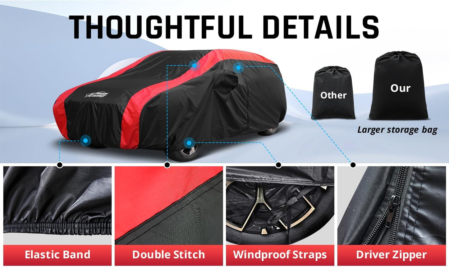 SUV Car Cover Waterproof All Weather Protection with Red Stripe Design,Universal Fit Toyota RAV4, Honda CRV, Tesla Model Y, Audi Q5, Nissan Rogue, Mazda CX-5, Kia Sorento,Hyundai Sante Fe