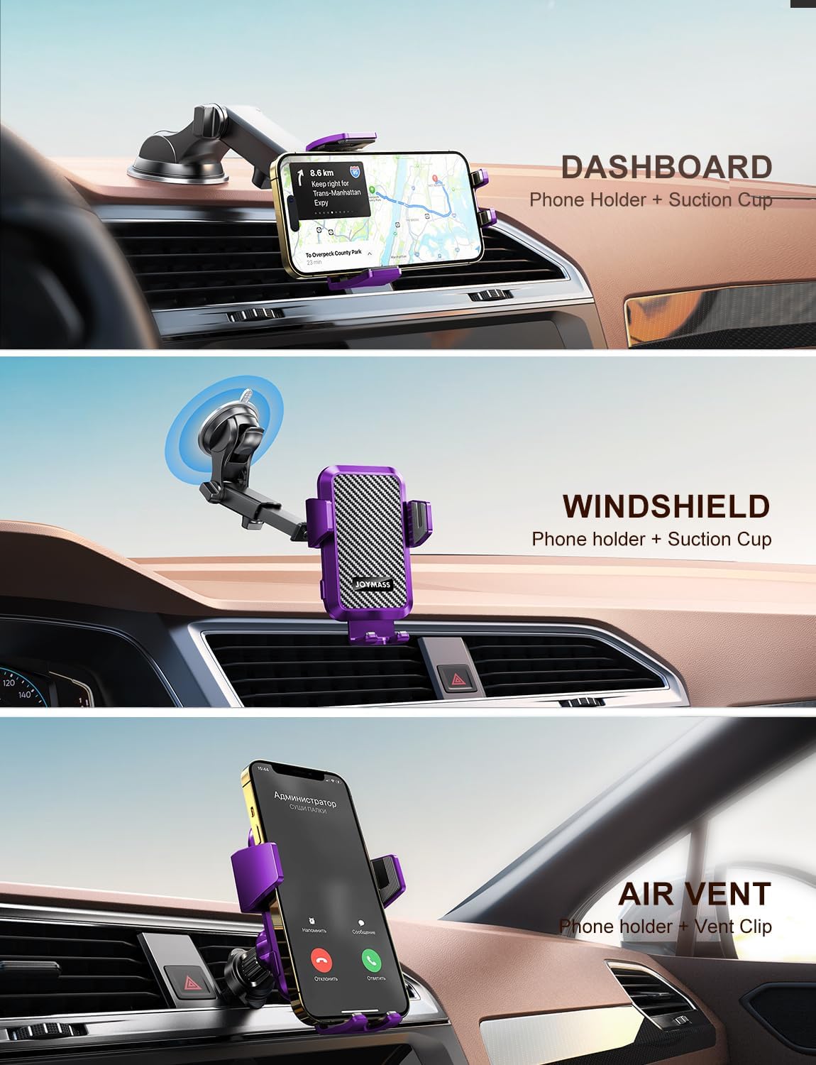 Wireless Car Charger, Phone Holders for Your Car, 15W Auto Clamping Phone Mount Car Accessories for iPhone 16 15 14 13 12 Mini Pro Max, Samsung Galaxy S24 Ultra S23 S22+ Note 20, etc - Purple