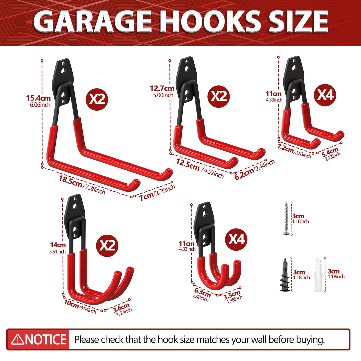 3-H Garage Wall Hooks 34 Pack, Garage Hooks Heavy Duty with Extra Welding Spots, Garage Organizer for Garden, Lawn, Chairs, Ladders, WeedEater, Shovel (Red)