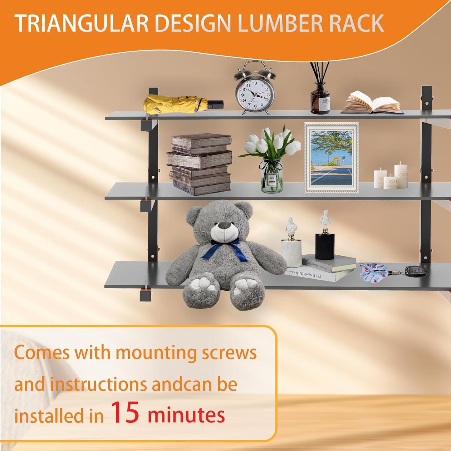 Lumber Rack Wall Mount, Heavy Duty Wood Storage Racks, 9-Level System Garage Shelving, 1080 Lbs Capacity Organizer Shelves, Folding Orange Brackets, 6 Pack Hanging Metal Shelf for Indoor and Outdoor