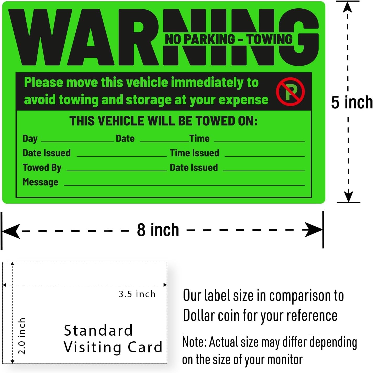 easykart labels 50 Parking Violation Sticker - Vehicle Illegally Parked Tow Notice - No Parking Warning Stickers - Scrap to Remove Neon Green 5 x 8 Inches
