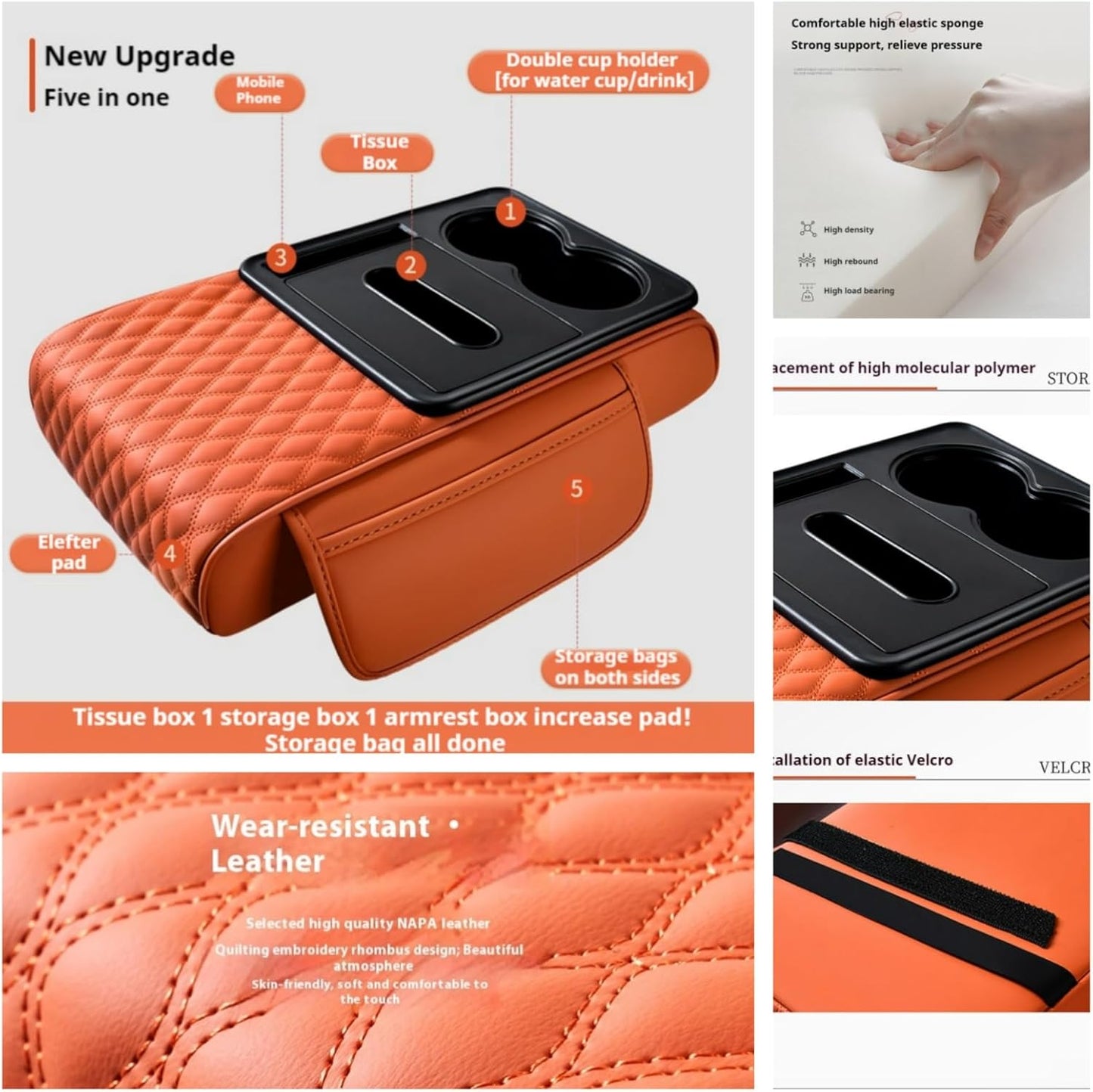 5-In-1 Center Console Cover Organizer with Cup Holder, Storage Pocket and Tissue Box, Armrest Cover Cushion Pad, Water Ripples, Black