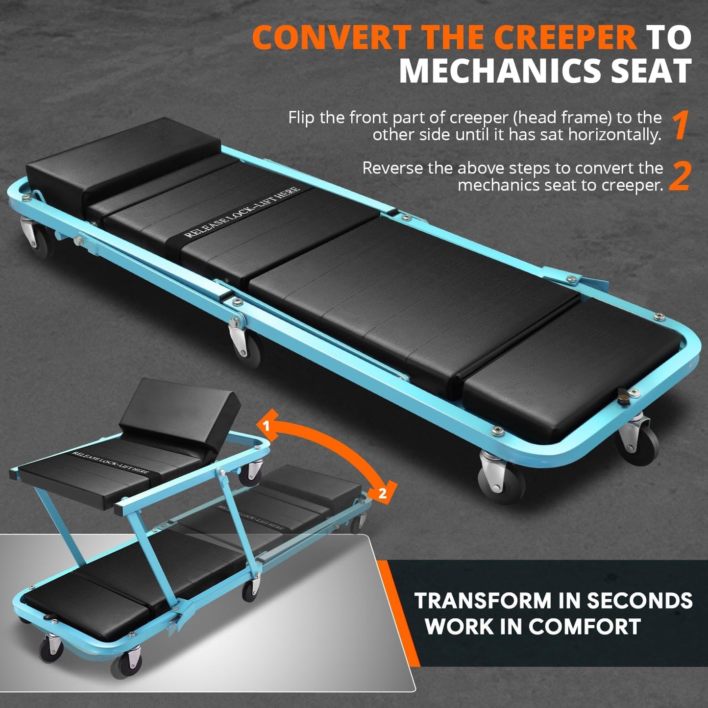 DNA MOTORING 48" 2 IN 1 Folding Rolling Garage Shop Creeper Roller Seat, 7 Pcs 2" Casters, 350 Lbs Weight Capacity, Tiffany Blue, TOOLS-00193-TB