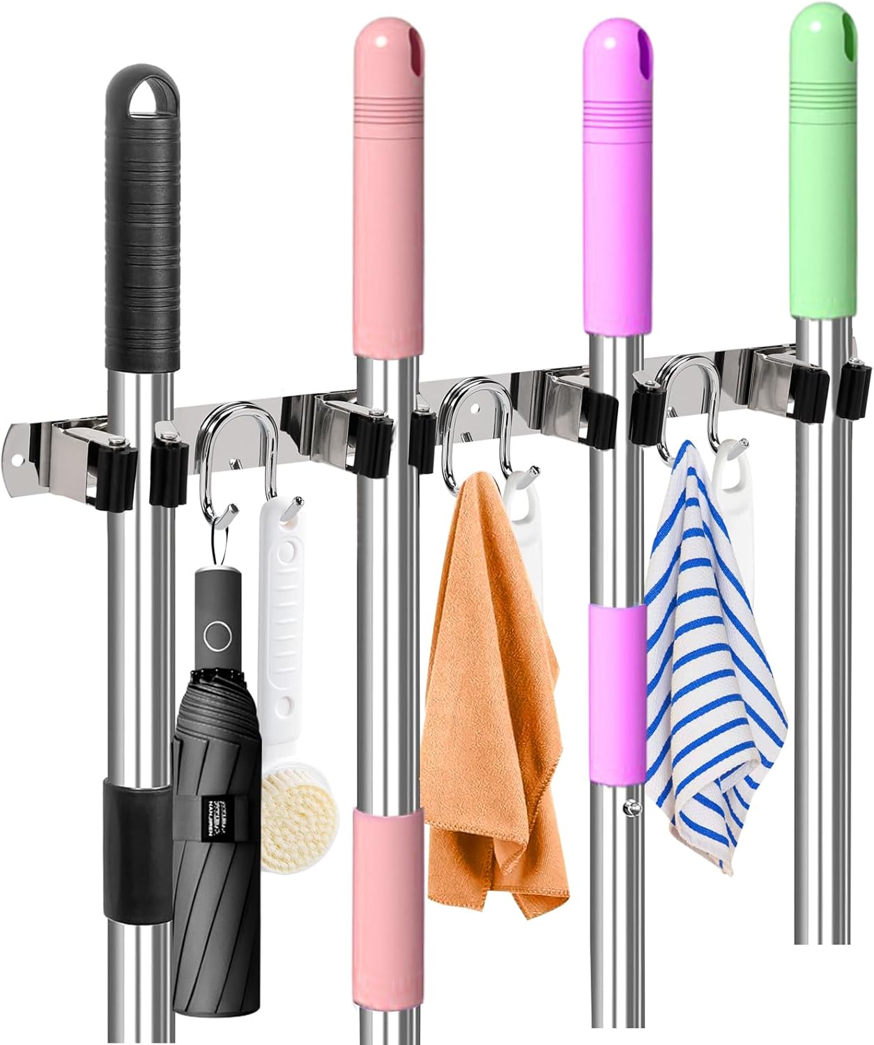 Mop Broom Holder Wall Mount, Silver Stainless Steel Tool Storage Organizer for Kitchen Garden Garage Laundry Room Bathroom and RV with 4 Slots 6 Hooks