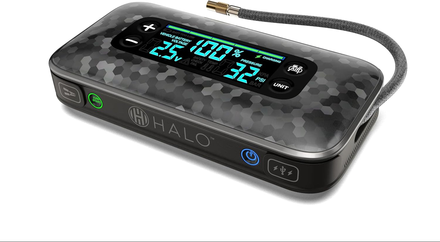 HALO Bolt Ultimate 3 Portable Car Battery Jump Starter | 130 PSI Air Compressor, 55.5Wh USB Power Bank, Large Display, Emergency Floodlight & Charger, Jumps Cars SUVs & Trucks, Inflates Tires — Specks