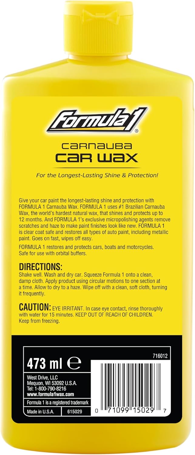Formula 1 Carnauba Liquid Car Wax, High Gloss Shine & Protection for Auto Paint, Advanced Micropolishing to Remove Haze & Restore Vehicle Paint, 16 oz