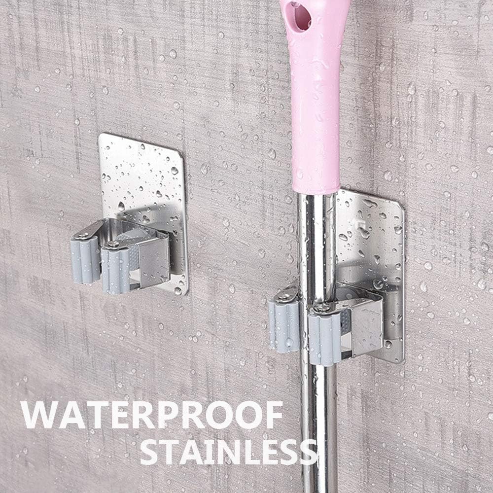 HANZE 2 Pack Stainless Steel Mop Broom Holder Organizer, Self Adhesive Wall Mounted Mop Organizer Storage Rack Clip for Kitchen Bathroom and Garage (Rectangle, Large)