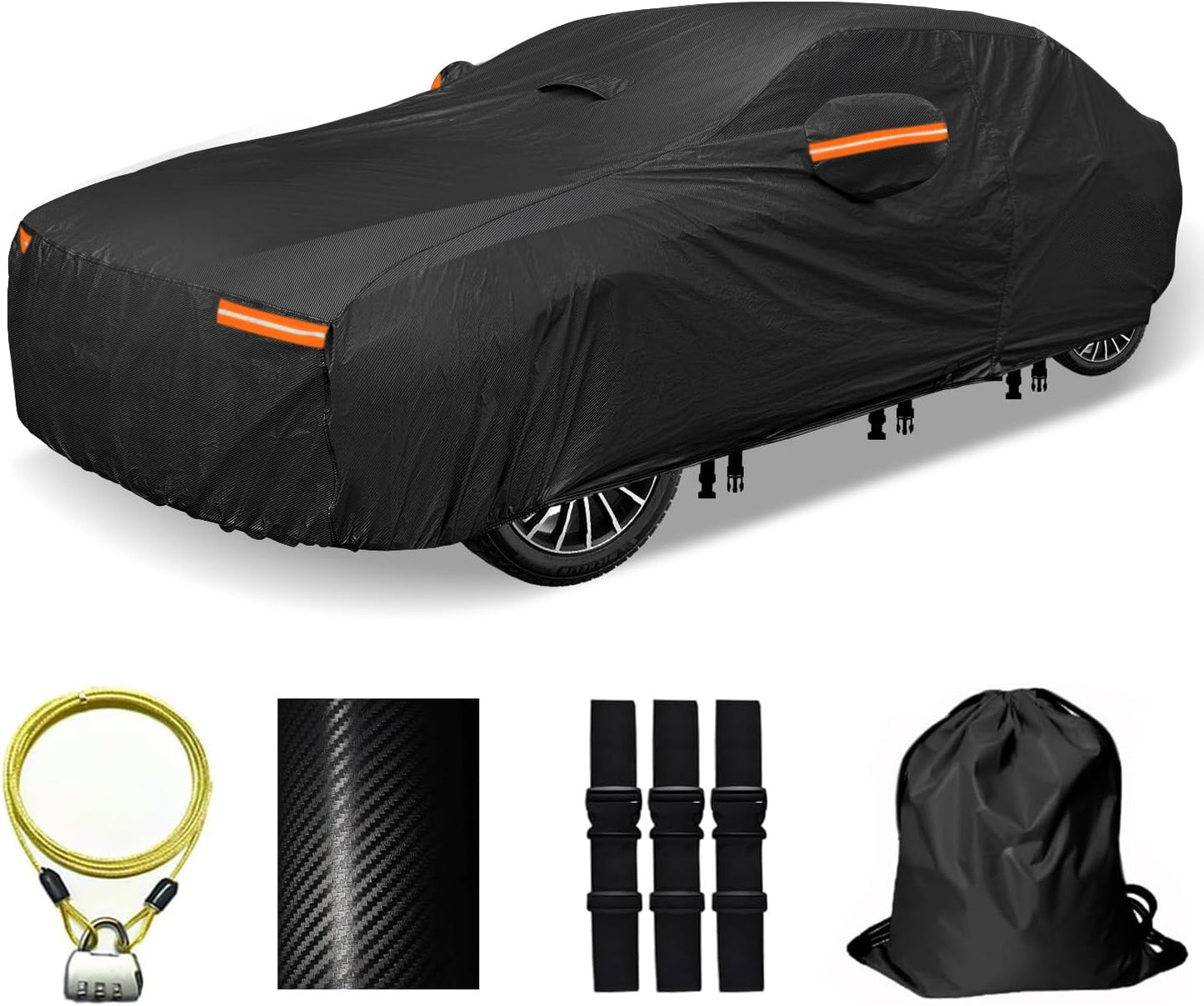 30 Layers Car Cover for Automobiles All Weather Waterproof, Outdoor Snowproof UV Protection Windproof, Door Zipper, Soft Cotton, Heavy Duty Universal Car Covers, (Black, Fit Sedans 201"-210")