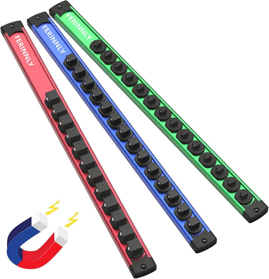 Magnetic Socket Holder Organizer Set, 3-Piece Heavy Duty Socket Rack Kit, 360° Swivel Aluminum Alloy Socket Rail for Tool Box - 1/4-Inch x 14 Clips, 3/8-Inch x 14 Clips, 1/2-Inch x 12 Clips