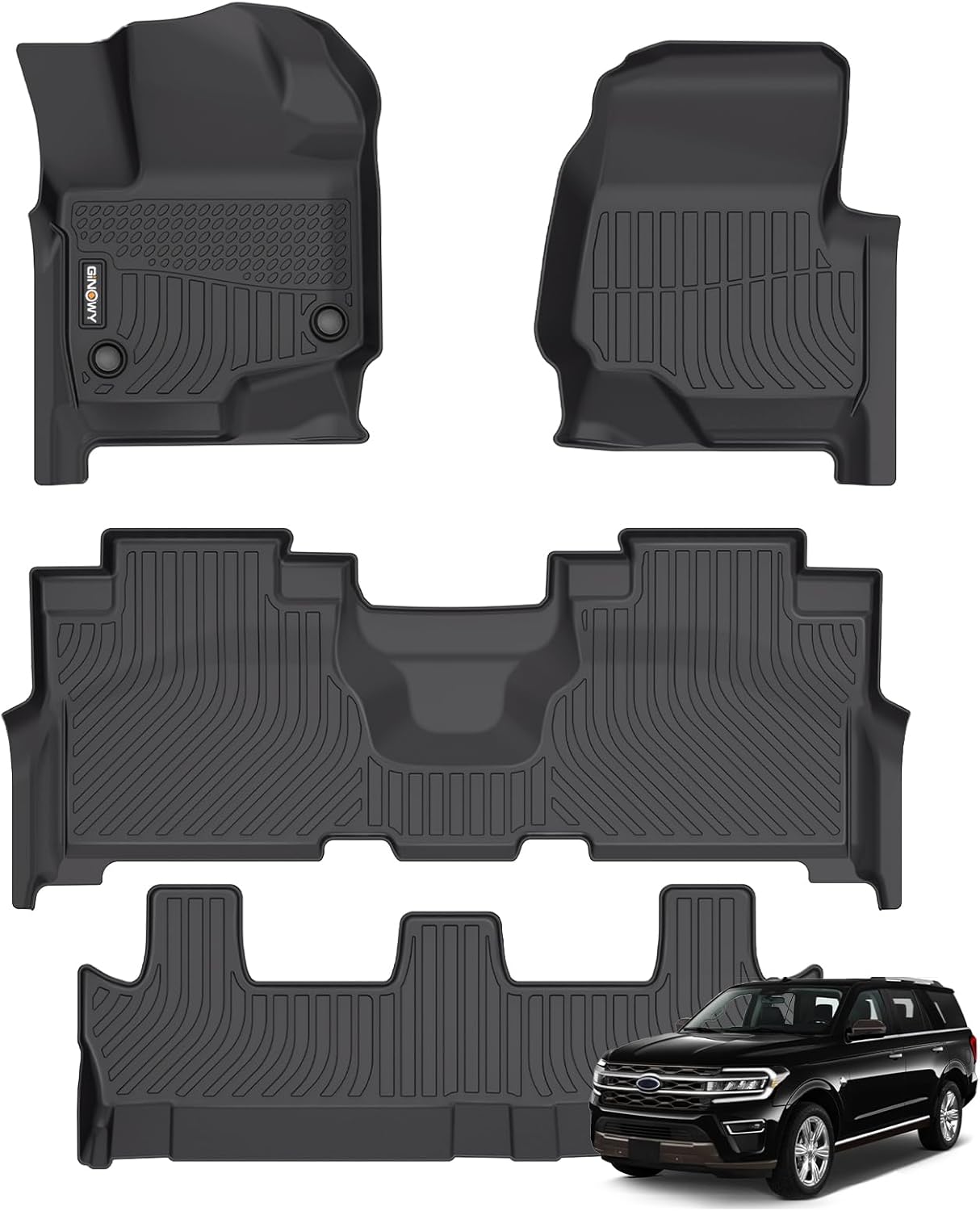 GINOWY-Floor Mats for Ford Expedition MAX 2025 2024 2023 2022 2021 Bench Seat 8 Passenger All Weather Car Floor Mats Expedition Accessories Rubber Liners
