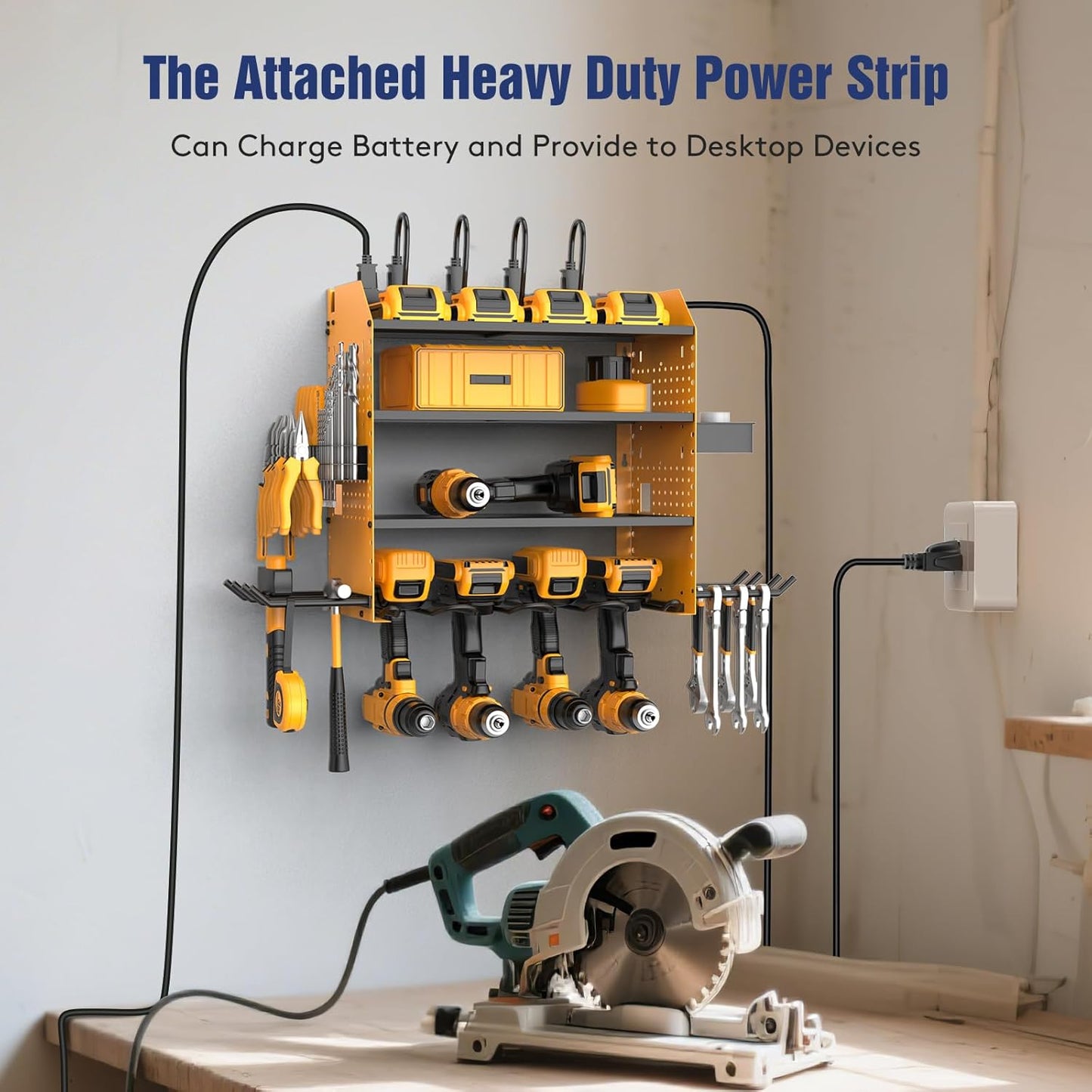 Heavy Duty Power Tool Organizer Wall Mount with Charging Station, 4 Layer Garage Storage Adjustable Shelves Height, Holds 4 Drills, 2 Hooks, Screw & Screwdriver box, Gifts for Fathers Day, Anniversary