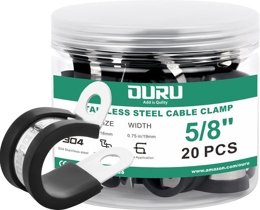 20pcs 5/8 Inch Stainless Steel Cable Clamps,Rubber Coated Cushioned Insulated Cable Clamp,Automotive Cable Wire Clamps,Pipe Clamps,Metal Clamp for Tube,Lines,Wire Cord Installation(Black,16mm)