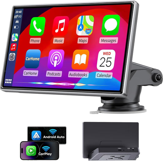 Upgrade Wireless Carplay Screen, Android Auto, Portable 7" HD IPS Screen for Car, GPS Navigation, Bluetooth Handsfree, AirPlay, MirrorCast, AUX/FM Transmitter Fit Most Car Models