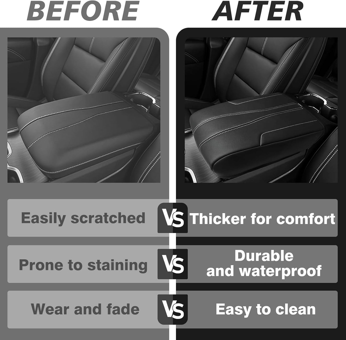 Muslogy Armrest Cover Center Console Cover Compatible with 2024 2025 GMC Acadia & Chevrolet Chevy Traverse Accessories Vegan Leather Arm Rest Middle Console Protector (Black/White Stitching)