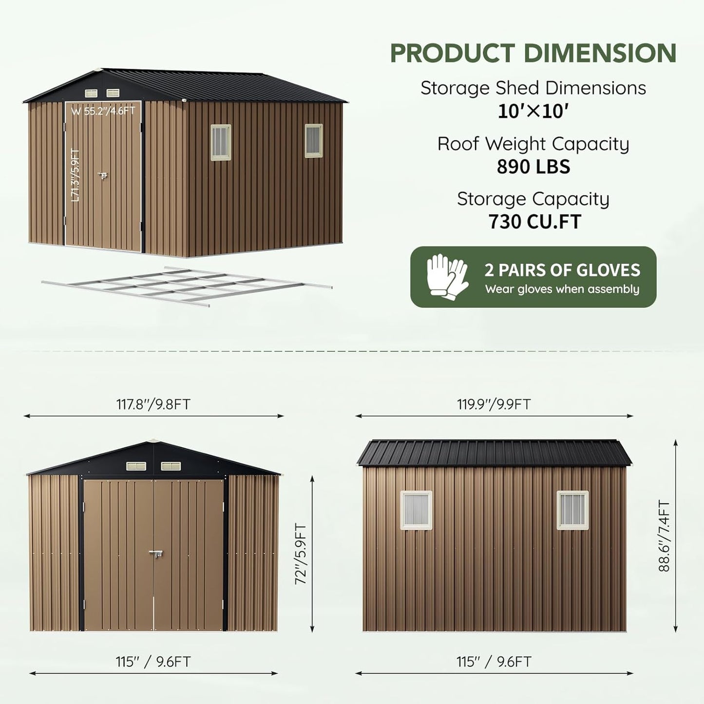 10x10 FT Outdoor Metal Storage Shed with Floor Frame, Double Swing Doors, 2 Clear Windows,Tool Shed for Garden, Patio, Backyard Brown