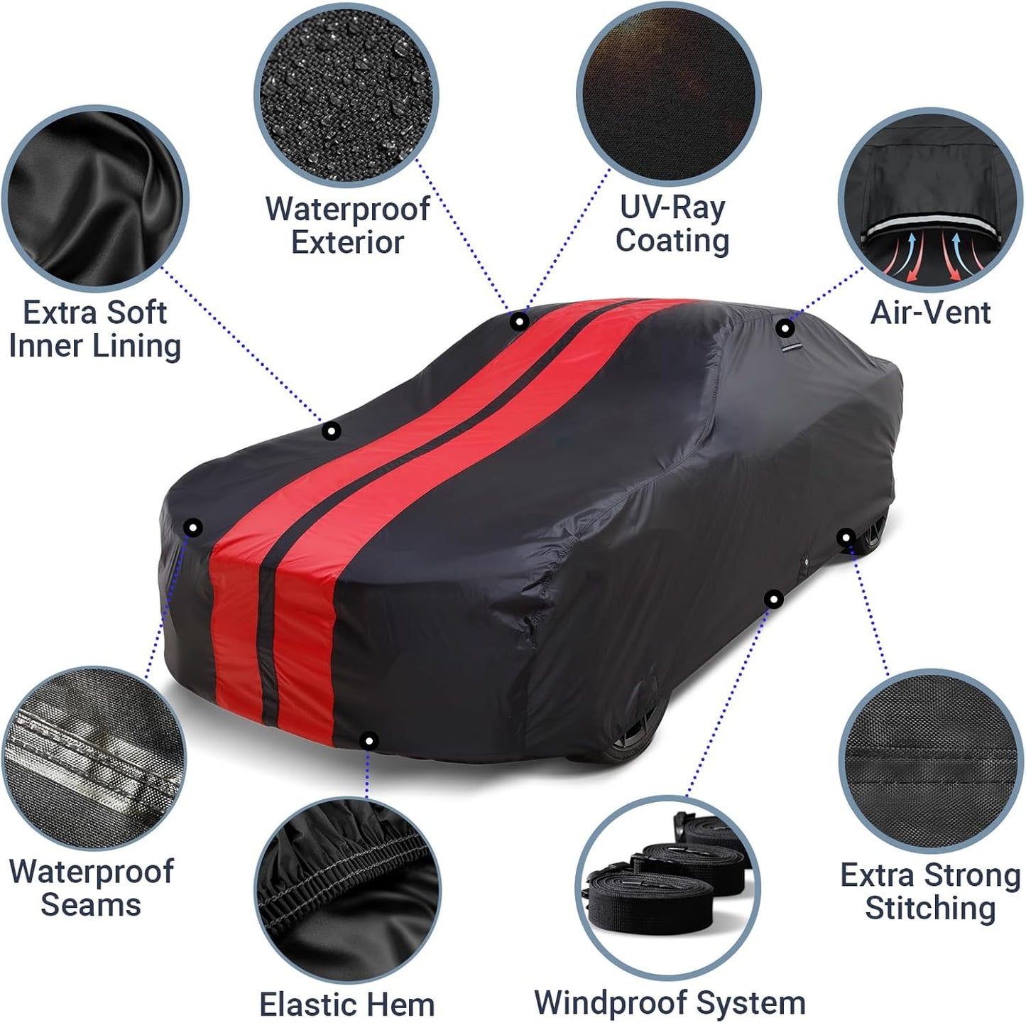 iCarCover Custom Car Cover for Buick Lesabre (1992-1999) Waterproof All-Weather Rain Snow UV Sun Protector Full Exterior Indoor Outdoor Car Cover (Stripe - Black/Red)
