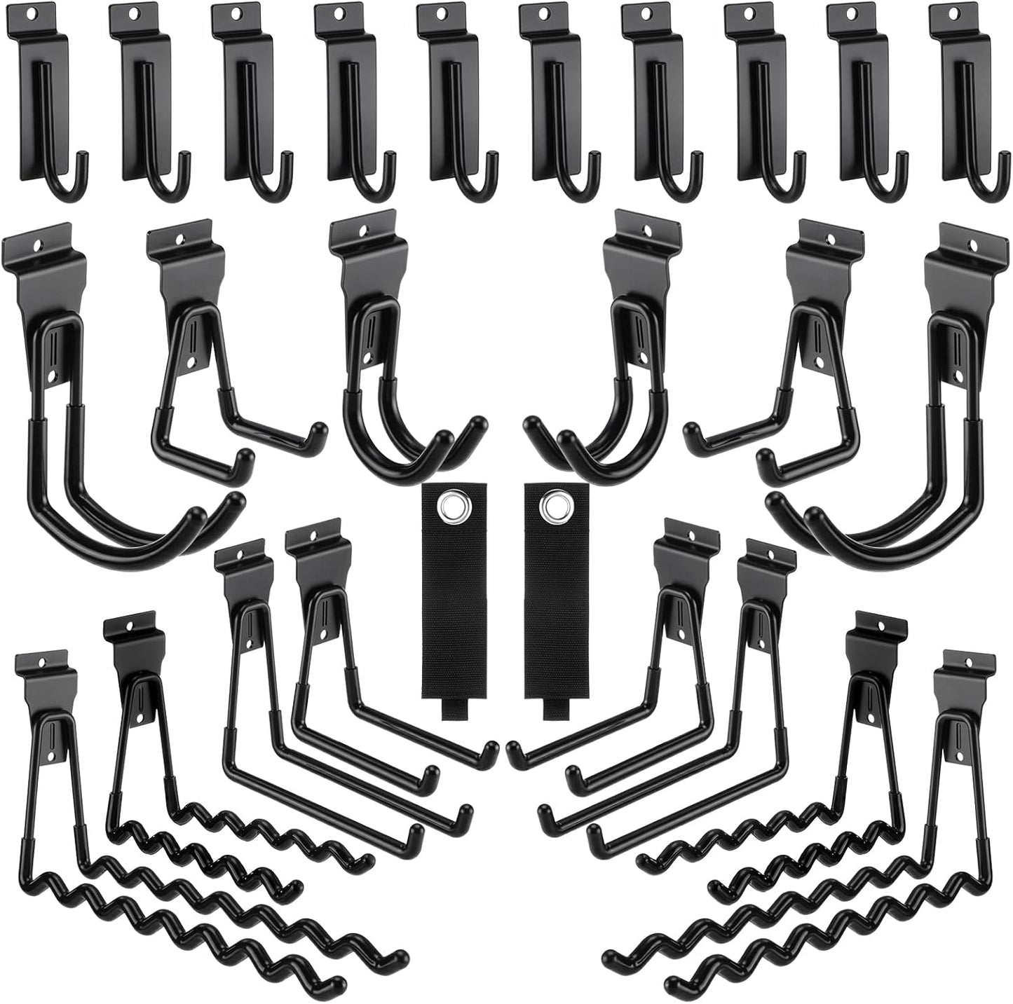 Landhoow 26 Pack Slatwall Accessories, 24 Pcs Multi Size Heavy Duty Slat Wall Hanging Hooks & Hangers with 2 Pcs Storage Straps for Storage Garage Wall Organization Garden Home Slatwall Paneling