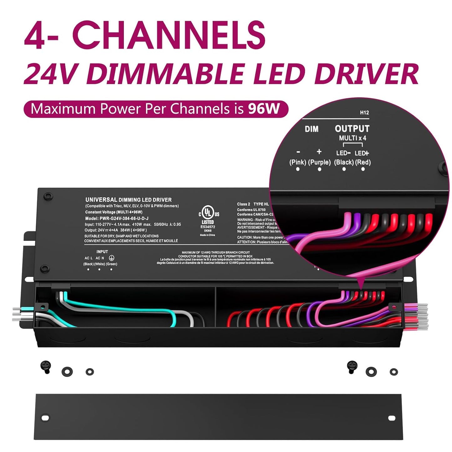 EMITEVER 384W Dimmable LED Driver, 24V 5-in-1 Dimmable Power Supply,4-Channels AC to DC Transformer for LED Light, Compatible with Lutron and Leviton Dimmer, Waterproof IP67 and UL Listed, Class 2