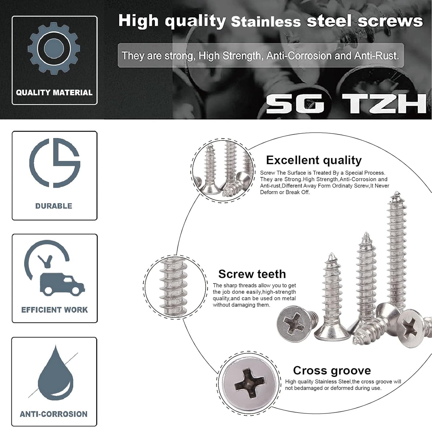 #7 x 1/2" Wood Screw 100Pcs 18-8 (304) Stainless Steel Screws Flat Head Phillips Fast Self Tapping Drywall Screws by SG TZH