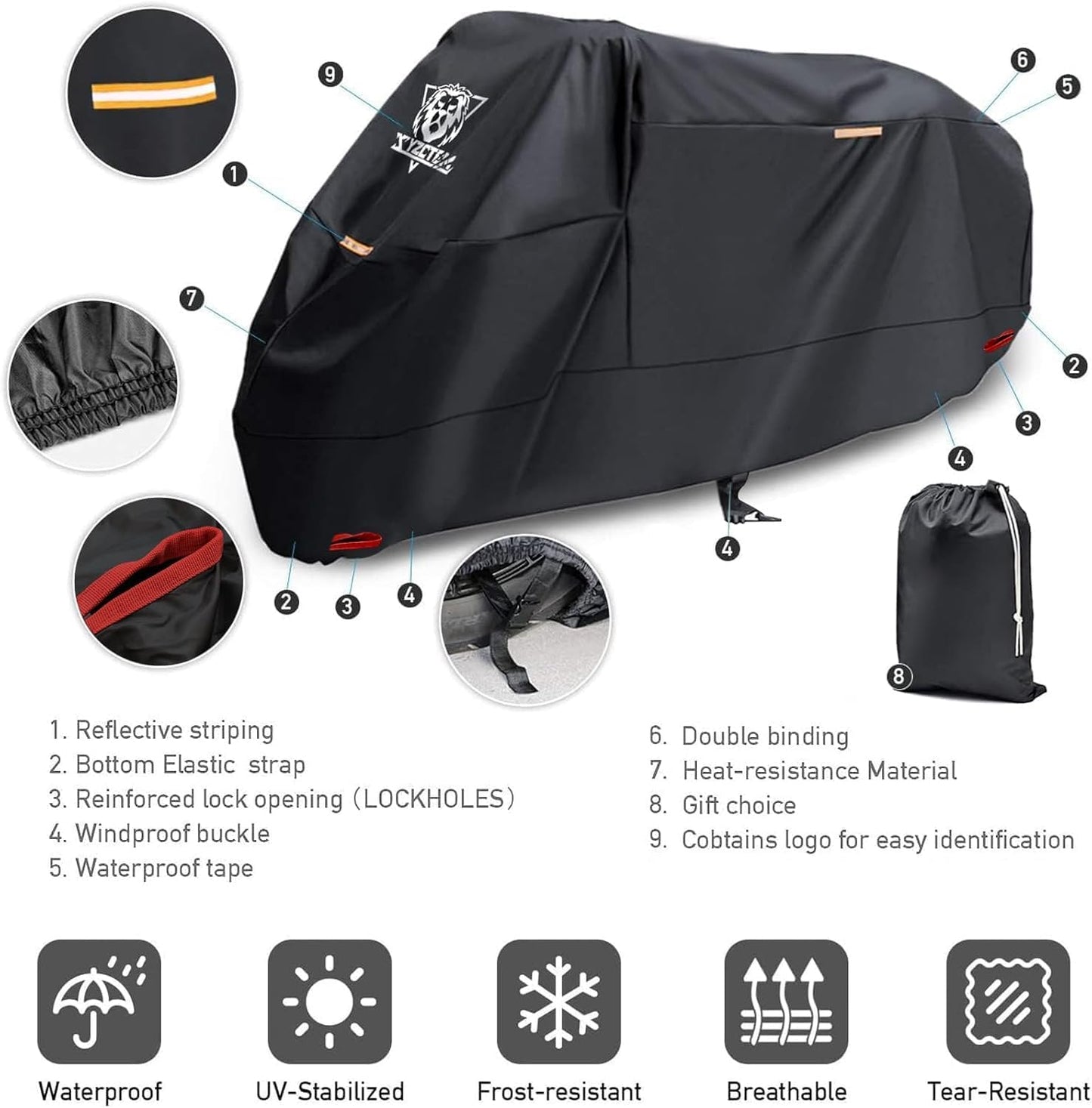 XYZCTEM Motorcycle Cover -Waterproof Outdoor Storage Bag, Made of Oxford Material, Fits up to 116" Harley Davison and All Motors (Black& Lockholes& Professional Windproof Strap)