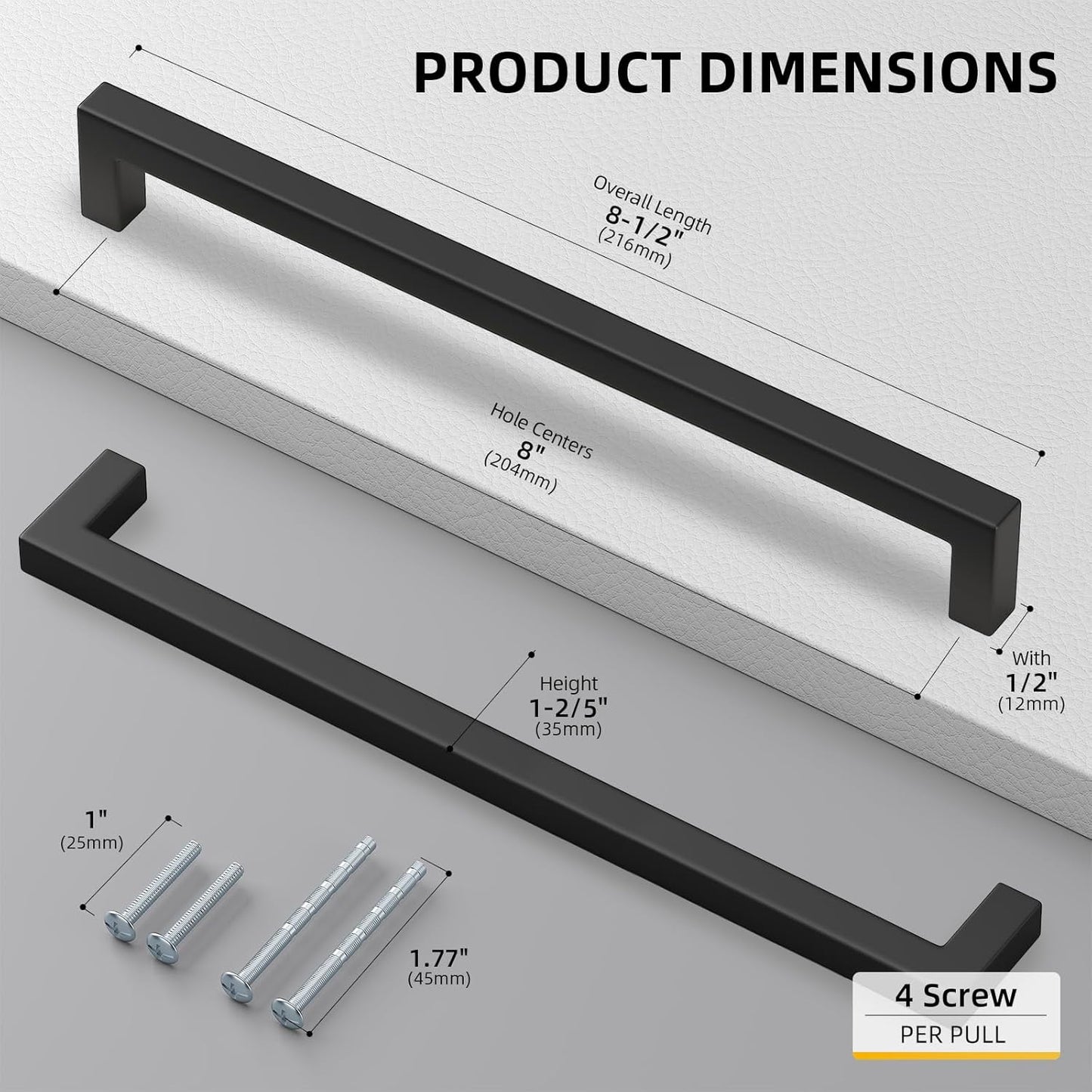 goldenwarm 2Pack 8INCH Matte Black Cabinet Pulls Kitchen Hardware, 204mm Square Bar Pulls for Cabinets Hardware, Black Drawer Pulls 8-1/2in Overall Length