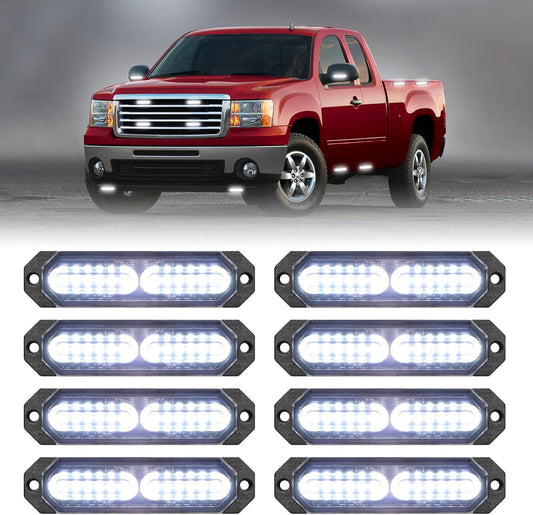 HLauto 1200T Emergency Strobe Grille Lights: 8pcs 12 LED Sync Feature Safety Warning Flashing Light, Ultra Slim Surface Mount Hazard Caution Light for Trucks, Vehicles, Car, ATV, UTV (White)