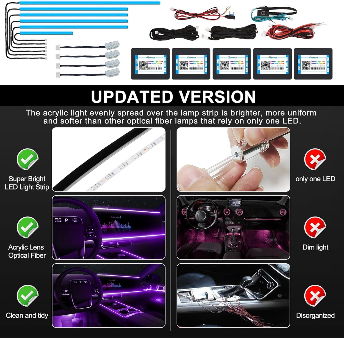 Acrylic Interior Car LED Strip Light with Wireless APP, RGB 10 in 1 with 175 inches 600 LEDs Fiber Optic Car Ambient Lighting Kits, 16 Million Colors Sound Active Function LED Strip for Car