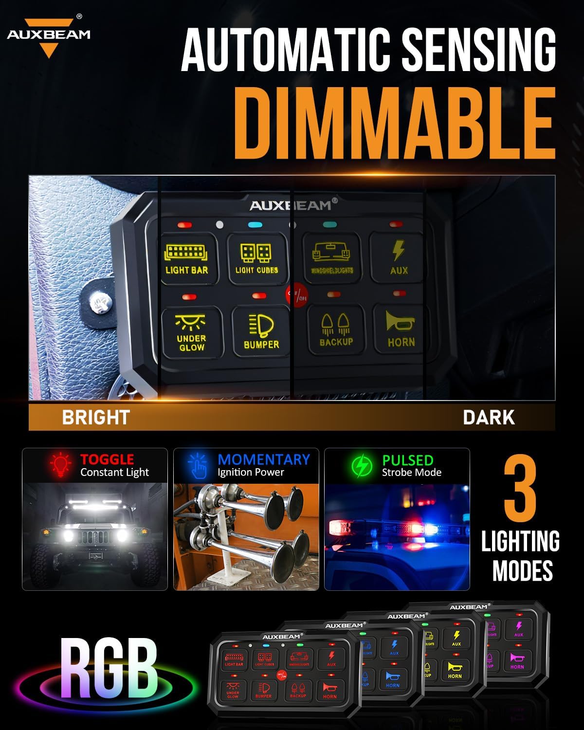 Auxbeam Switch Panel RGB 5 Inch Large 8 Gang Switch Panel RA80 XL Toggle Momentary Pulsed 12V Switch Panel for Car Truck SUV RV Camper Van Offroad Accessories 2 Years Warranty