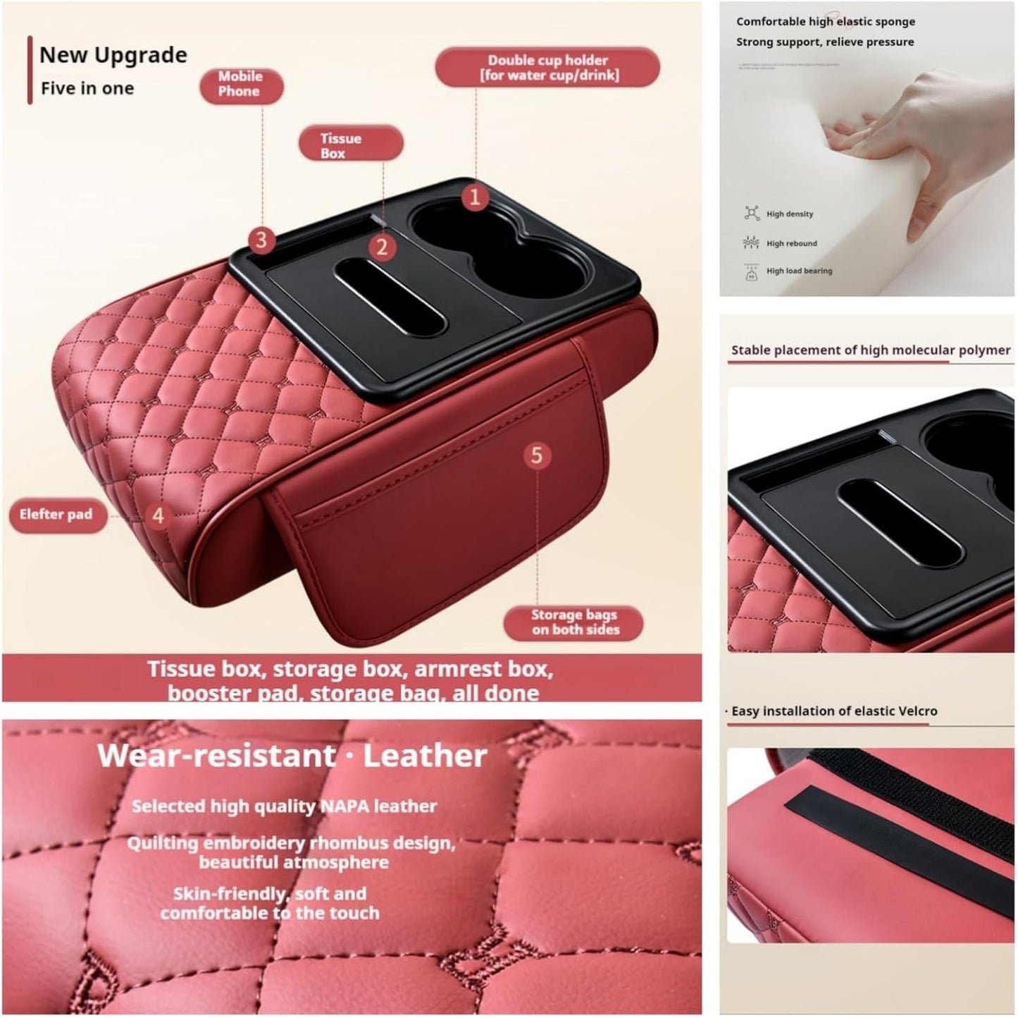 Center Console Cover Organizer, 5-In-1 Arm Rest Cover for Car with Cup Holder & Storage Pocket & Tissue Holder, Armrest Cover Cushion Pad, Grid, Rose-Tinted