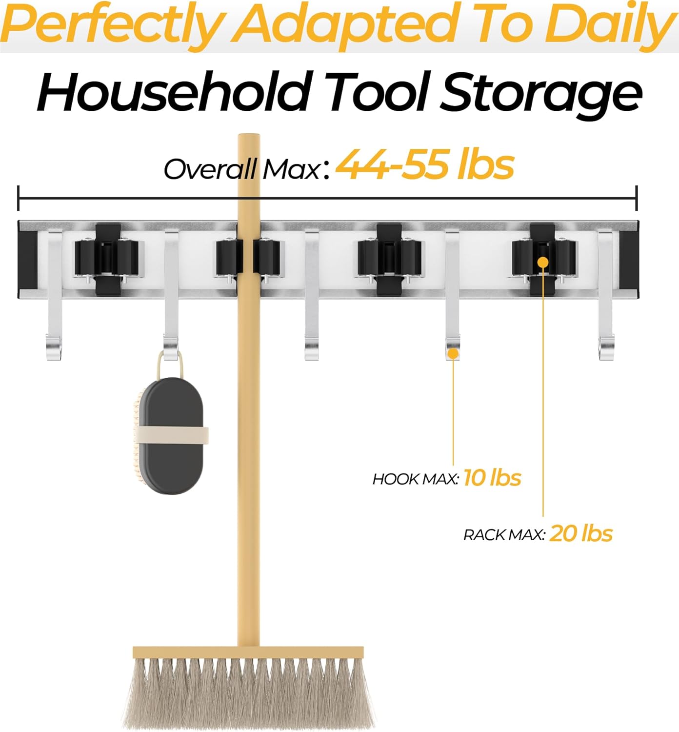 Broom Holder Wall Mount, 4 Star Roller Clips & 5 Extra Long Hooks, Thickened Backboard, Heavy Duty 55lbs Garden Tool Organizer for Mop, Rake, Shovel Storage