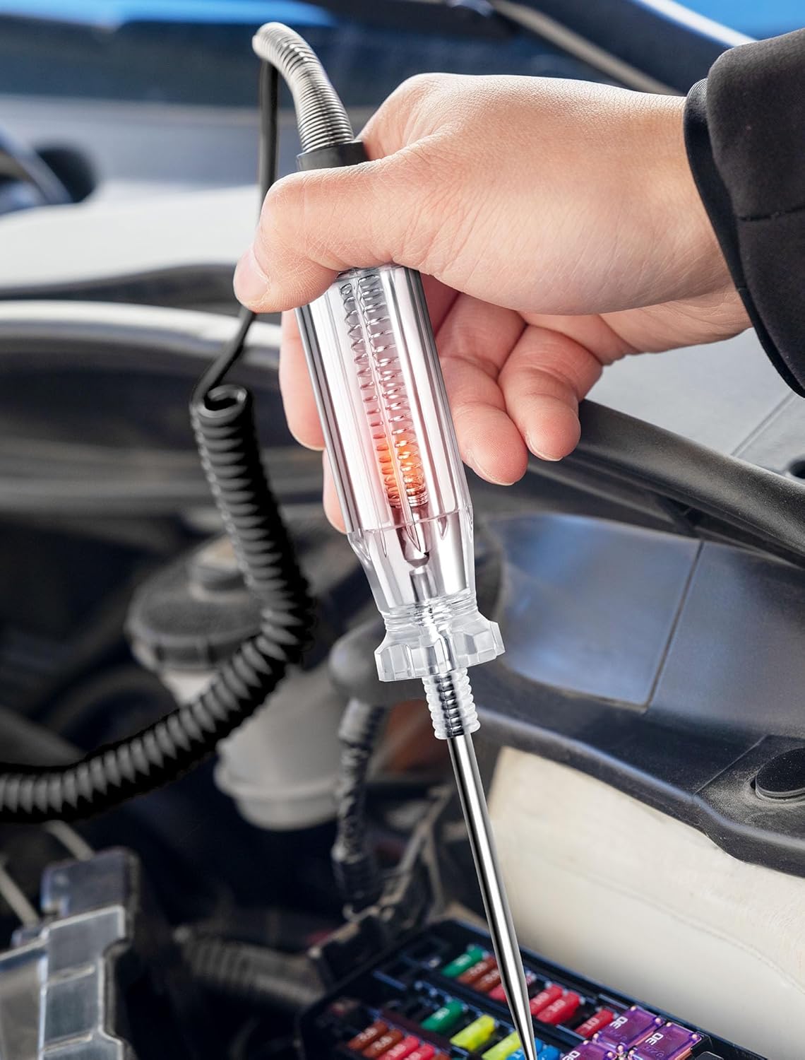 Heavy Duty Automotive Circuit Tester, Premium 6-24V Test Light with 135 Inches Extended Spring Wire & Stainless Probe, Circuit Voltage Tester with Replacement Indicator Light for Car/Vehicles