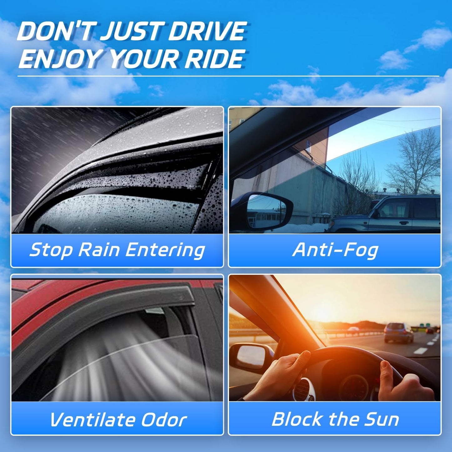 Rain Guard Fit for 2007-2017 Jeep Wrangler Unlimited 4-Door & 2018 Jeep Wrangler JK Unlimited 4-Door, Outside Mount Side Window Visor Deflector, Dark Smoke Vent Shade Shield, 4pcs