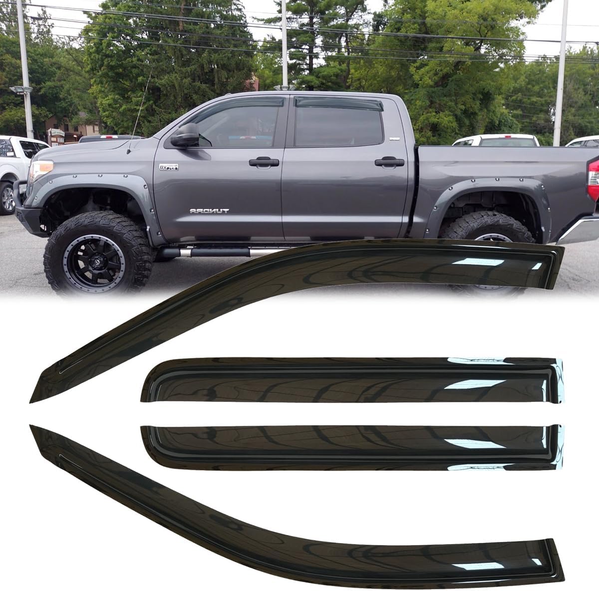 4pcs Outside Mount Style Sun Rain Guard Durable Side Window Wind Deflectors Dark Smoke Vent Window Visors Compatible with 07-20 Tundra Double/Crew Cab with 2 Half Size Rear Doors