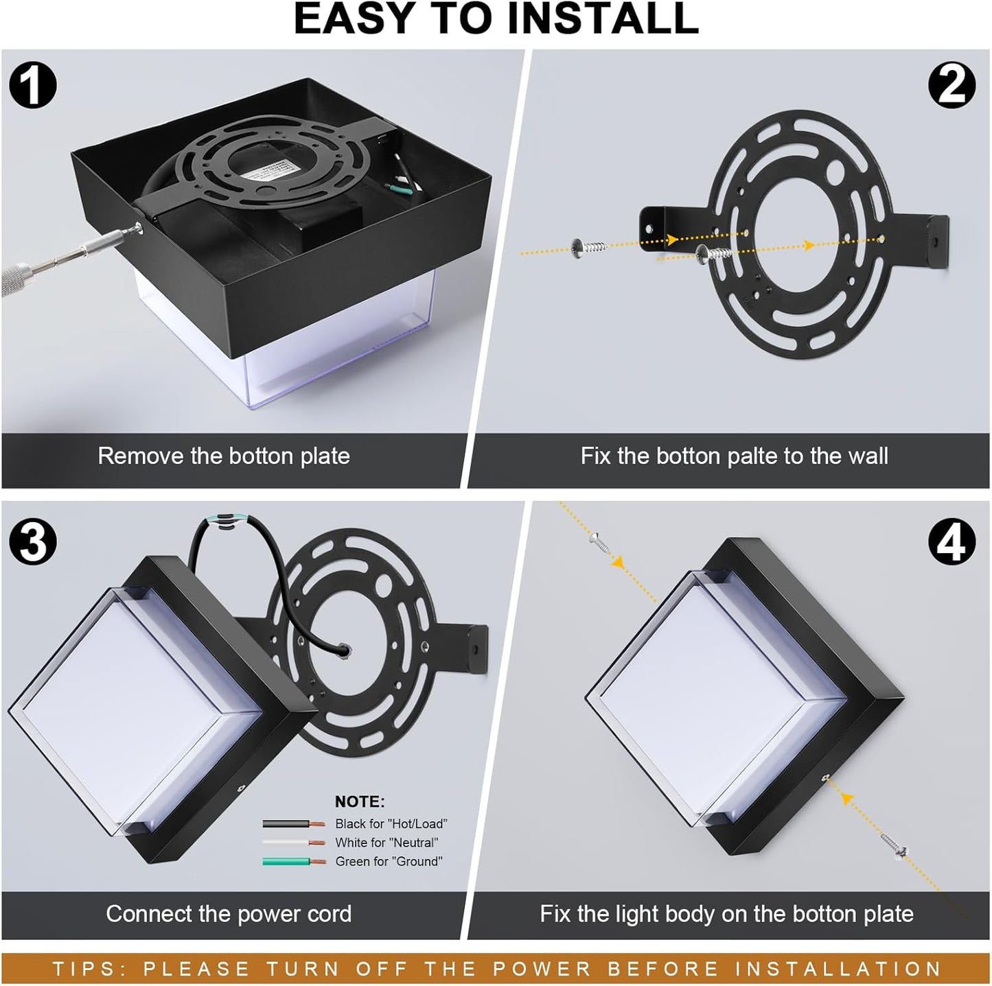 Exterior Wall Lights, Modern Waterproof Outdoor Wall Mount Lighting, Black Square Small Led Porch Light with Anti-Rust 6000K Daylight 12W for Garage, Entryway,House