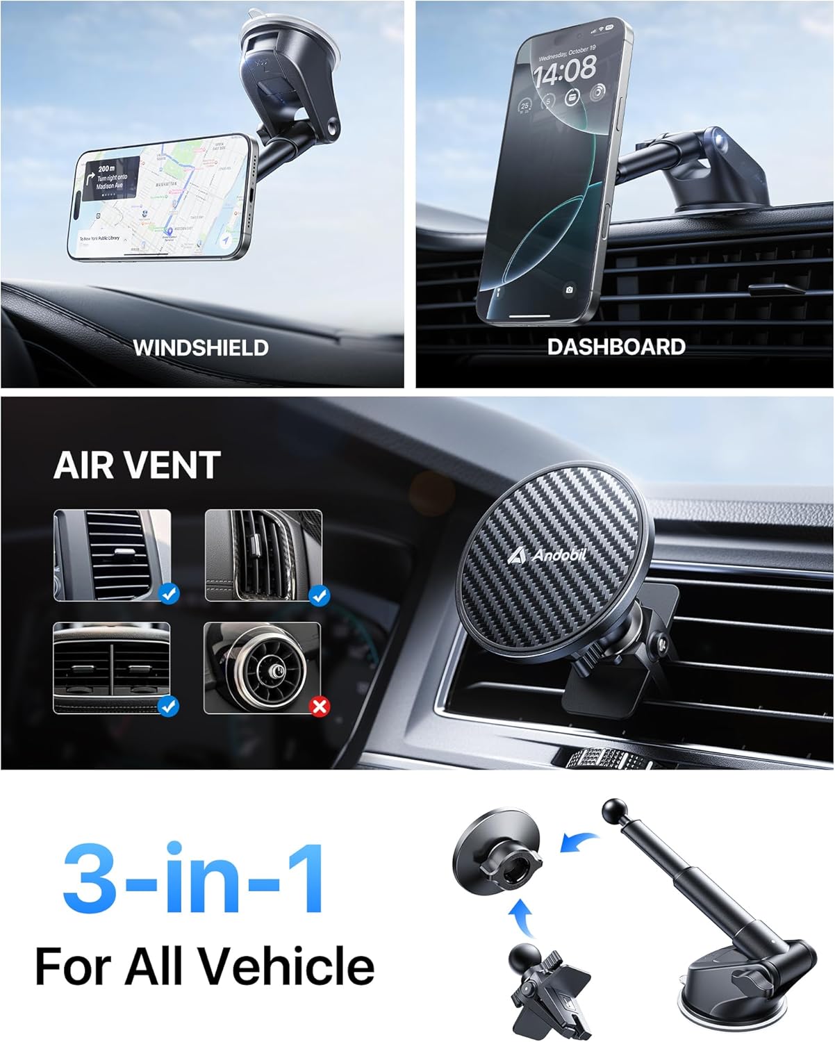 【True Military-Grade】andobil 3 in1 Magnetic Phone Holder for Car Dashboard Windshield Vent 【Upgrade Suction & Strongest Magnet】Retractable for MagSafe Car Mount for iPhone 16 15 14 13 Pro Max Sumsung