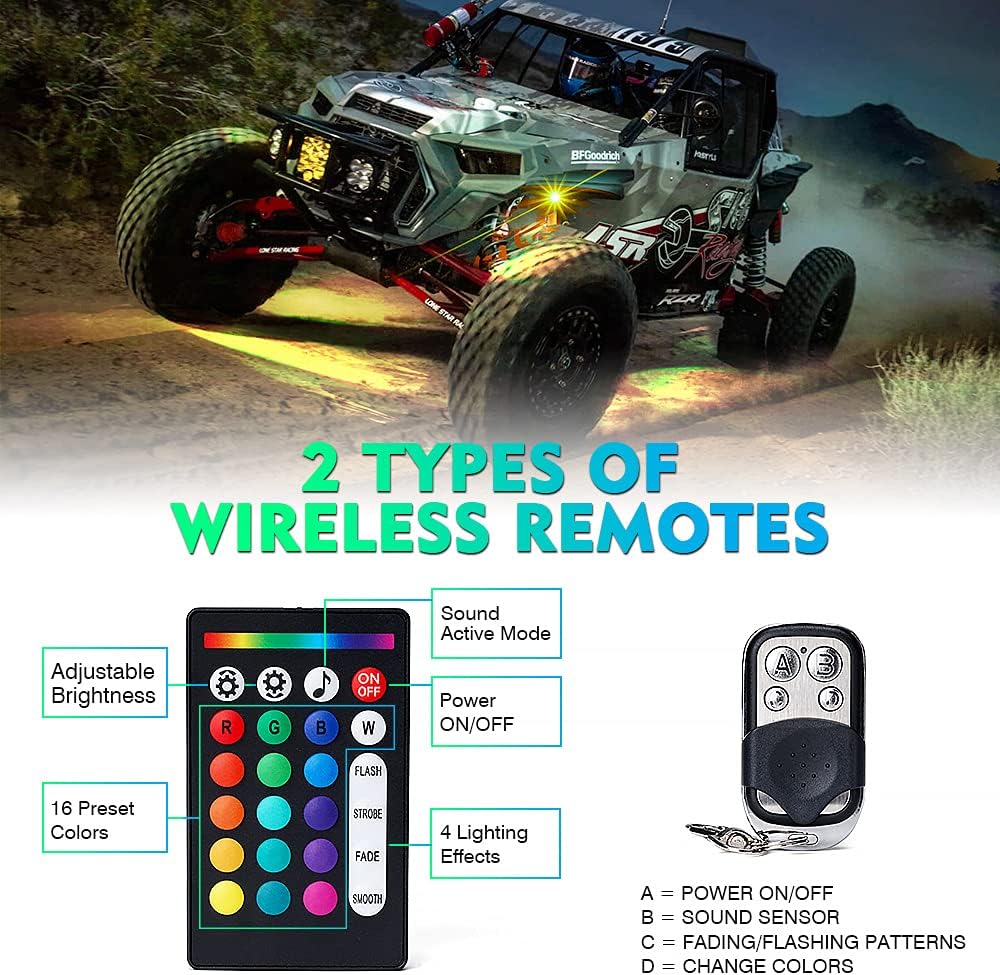 Xprite Bluetooth RGB LED Rock Lights Kit, Multicolor Neon Accent Music Flashing Lighting Underglow Kits with RF Controller for Off-Road, Trucks, Cars, UTV, ATV, SUV, RZR, Motorcycles, Boats - 6 PCS