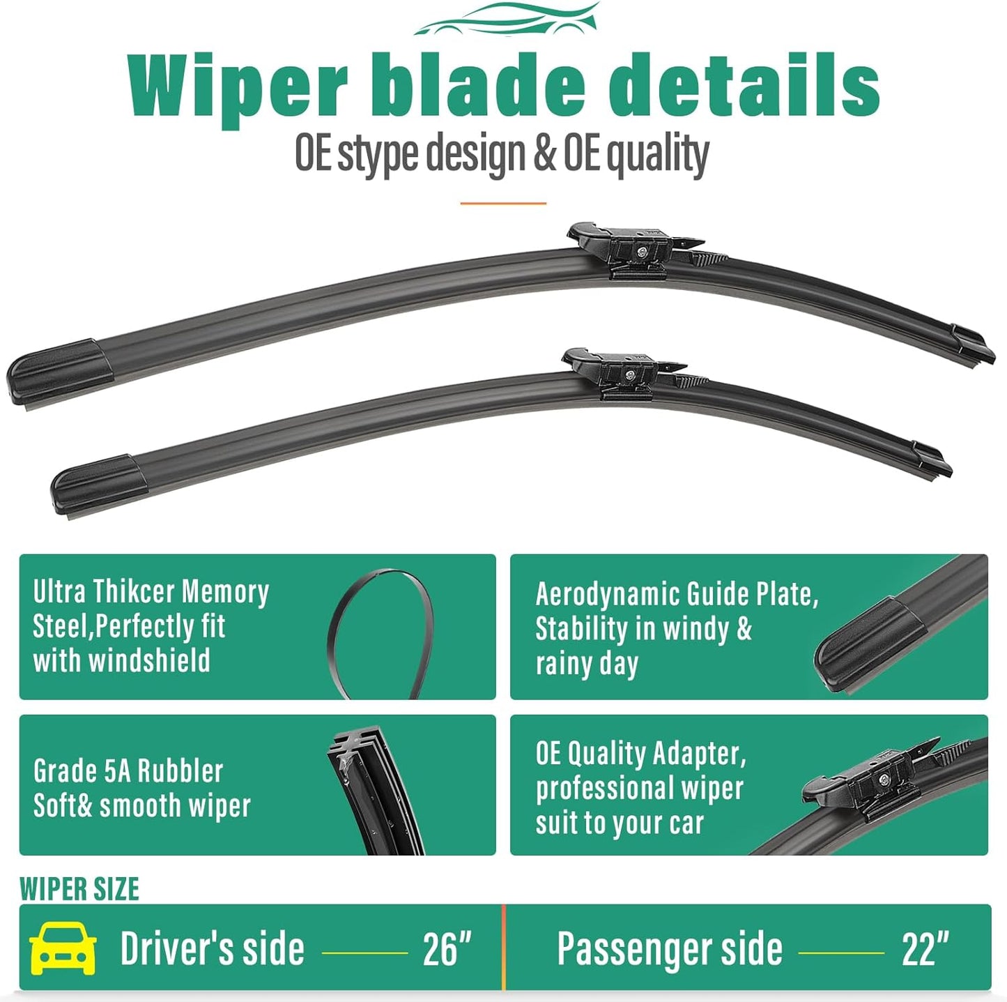 26" 22" 11" Windshield Wiper Blades Replacement for Ford Explorer 2011 2012 2013 2014 2015 2016 2017 2018 2019 2020 2021 2022 2023 2024 OEM Premium All Weather Front Rear Wipers Set (Pack of 3)