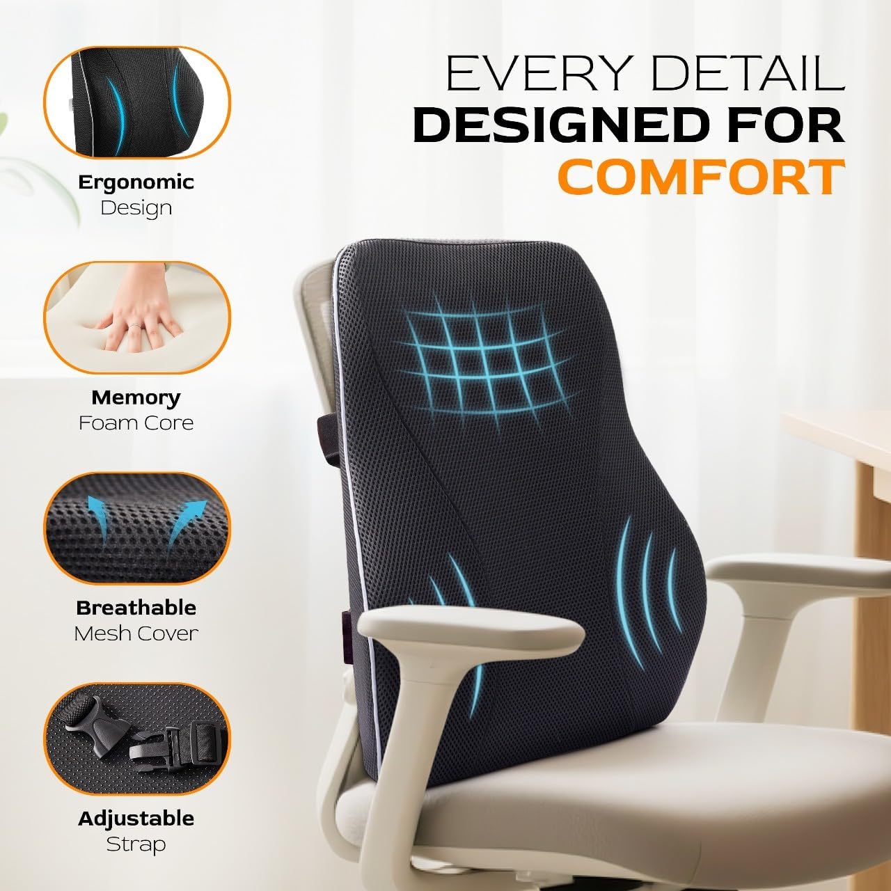 Extra Dense Lumbar Pillow with Double Adjustable Straps - Ergonomic Lumbar Support Pillow for Office Chair, Car, Couch Firm Back Support for Lower Back & Spine Pain Relief Memory Foam Cushion