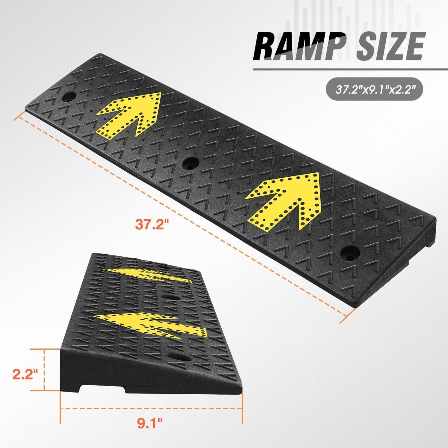 DNA MOTORING 2pcs 2.2" Rise Rubber Arrow Curb Ramp Heavy Duty Loading Driveway Ramps Threshold Ramp 37.2in L x 9.1in W x 2.2in H for Loading Dock, Warehouse, Wheelchair, Motorcycles, Cars, TOOLS-00648