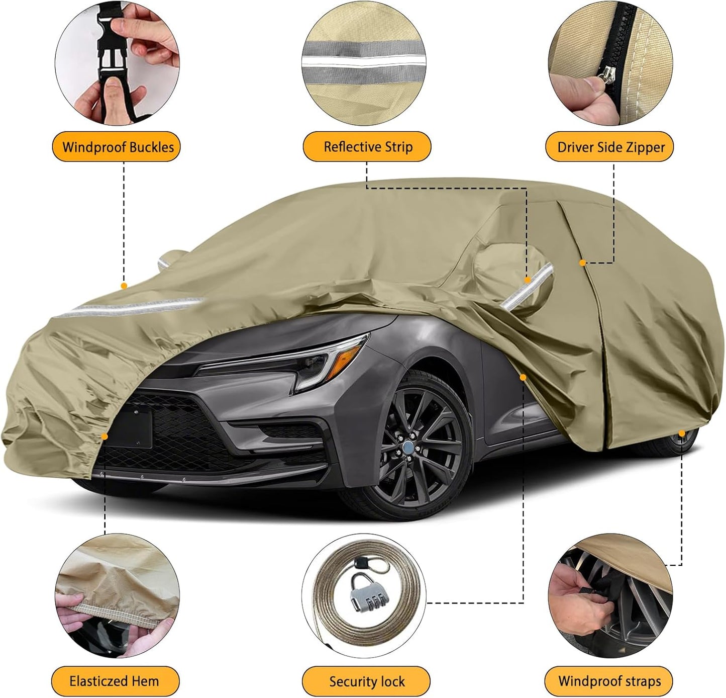 Waterproof Car Covers Replace for 2004-2025 Toyota Corolla Sedan, Multilayer Heavy Duty with Cotton Liner All Weather Car Cover with Zipper Door, Windproof Bands for Snow Rain Dust Protection