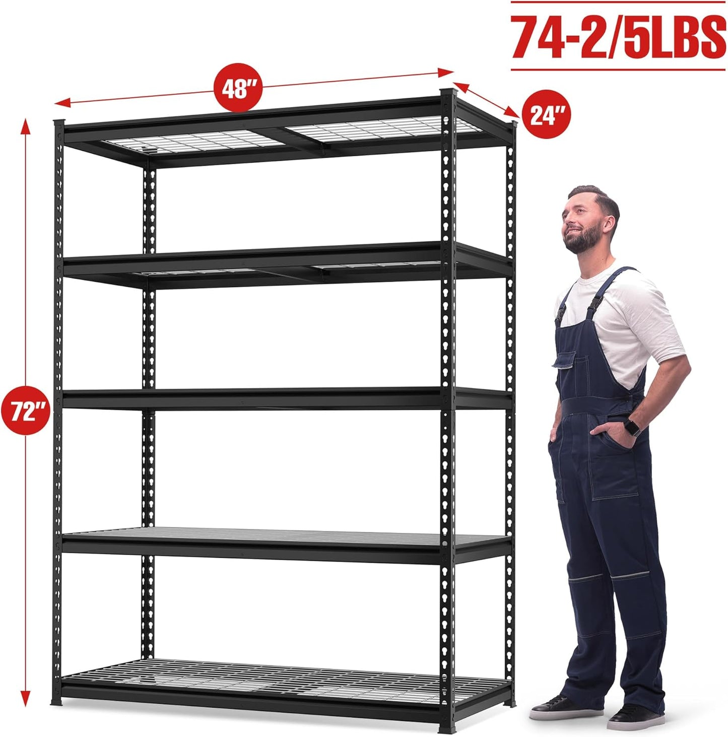 WORKPRO 5-Tier Heavy Duty Metal Shelving Unit, 48”W x 24”D x 72”H, Adjustable Storage Rack, 4000 lbs Total Load Capacity, Ideal for Garage, Basement, Warehouse, Workshop