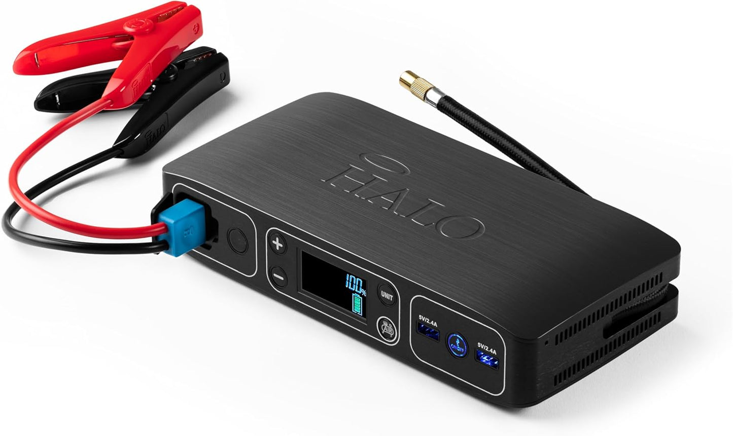 HALO Bolt Air 58830 Portable Car Battery Jump Starter | 100 PSI Air Compressor, 58.8Wh USB Power Bank, Emergency Floodlight & Charger, Jumps Cars SUVs & Trucks, Inflates Tires, TSA Approved — Gray