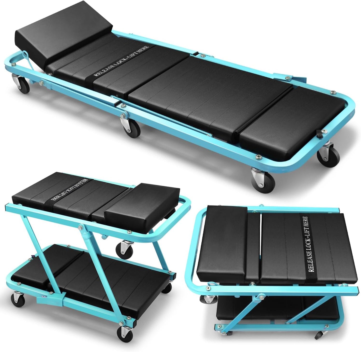 DNA MOTORING 48" 2 IN 1 Folding Rolling Garage Shop Creeper Roller Seat, 7 Pcs 2" Casters, 350 Lbs Weight Capacity, Tiffany Blue, TOOLS-00193-TB