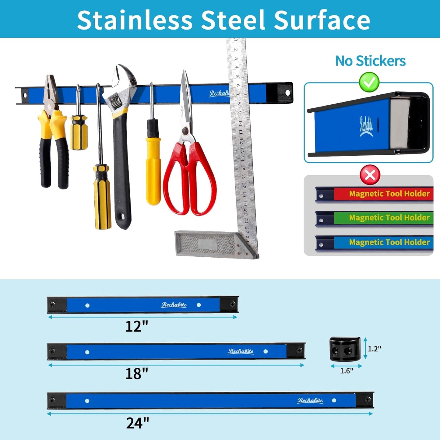 6 Pieces 18" Magnetic Tool Holder Strip, Blue Magnet Bar, Metal Tool Organizer Rack for Garage Organization, Easy To Install in Workshop, Mounting Screws Included
