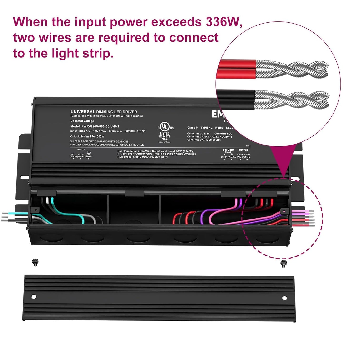 EMITEVER Dimmable Led Driver, 600W AC 110V-277V to DC 24V Transformer, 5-in-1 Dimming: ELV/MLV/TRIAC / 0-10V / 1-10V / 10V PWM/Potentiometer, Waterproof IP67 and UL Listed