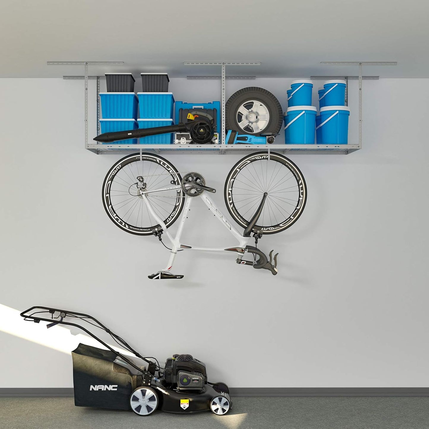 2ftx8ft Overhead Garage Storage Rack, Heavy-Duty Metal Garage Ceiling Storage Rack, 22''-40" Adjustable Ceiling Drop-Down, 400 lb. Loading Weight Capacity, White